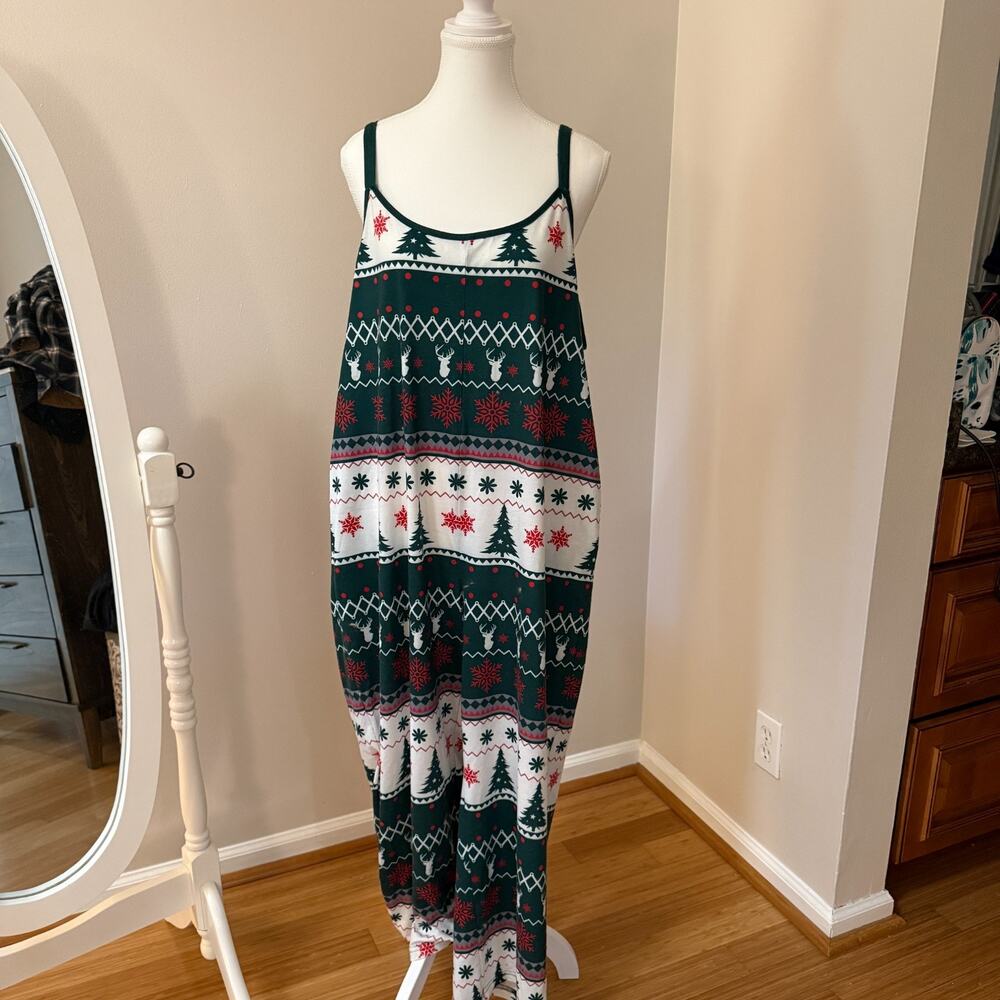 BloomChic Christmas Jumpsuit Plus Size 14/16‎ Green Fair Isle Deer Holiday PJ